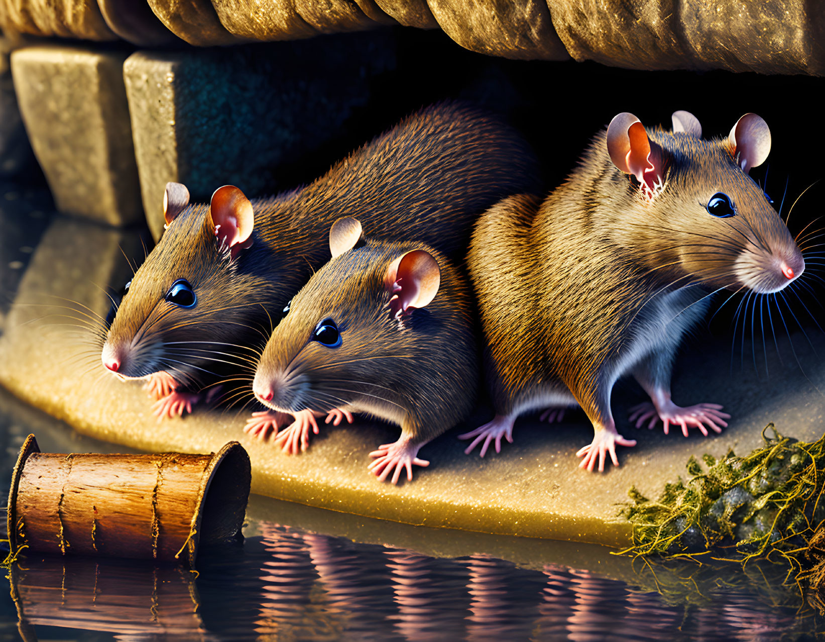 Realistic rats by water with moss-covered bank and dark stones