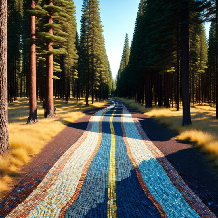 Vibrant mosaic road in pine forest with sunlight patterns