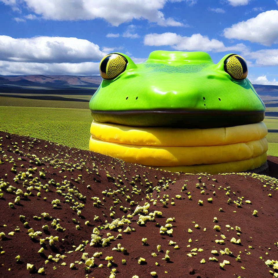 Giant Green and Yellow Inflatable Frog Sculpture in Scenic Landscape