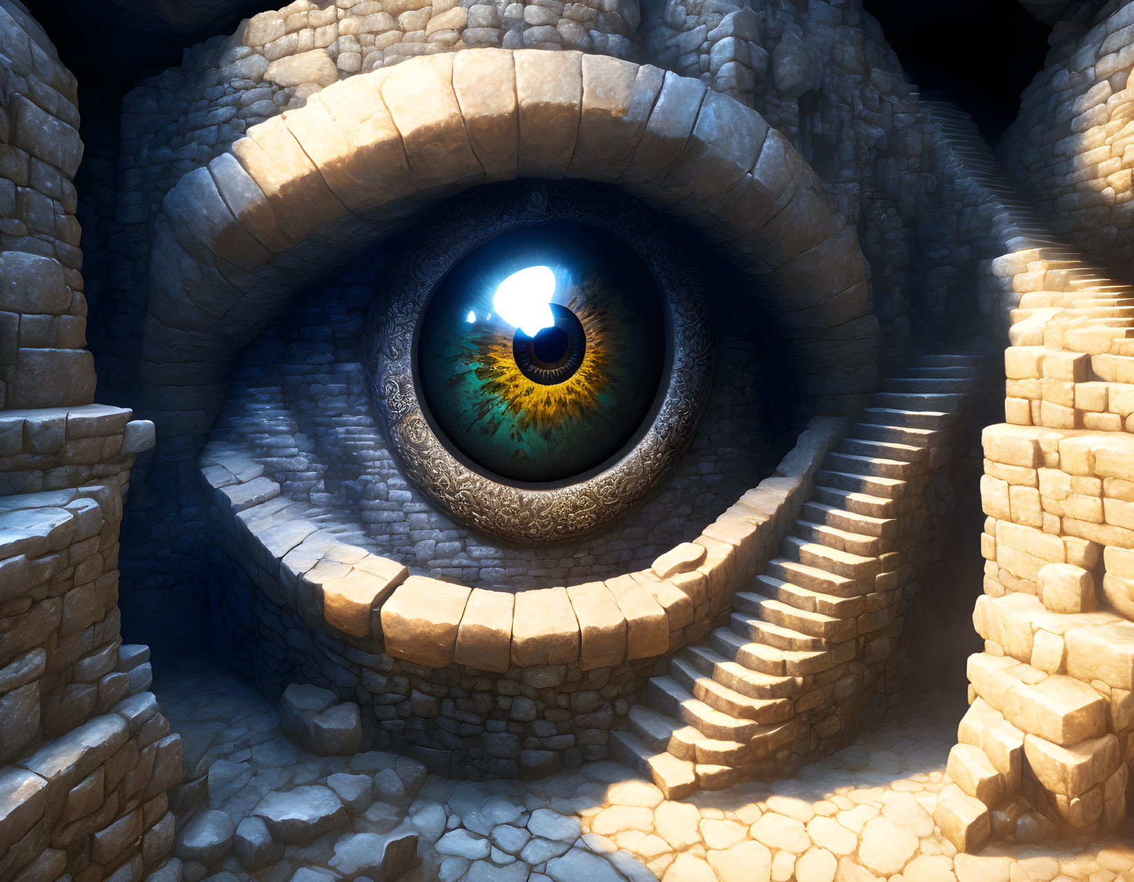 Realistic giant eye in stone-walled chamber with illuminated stairs