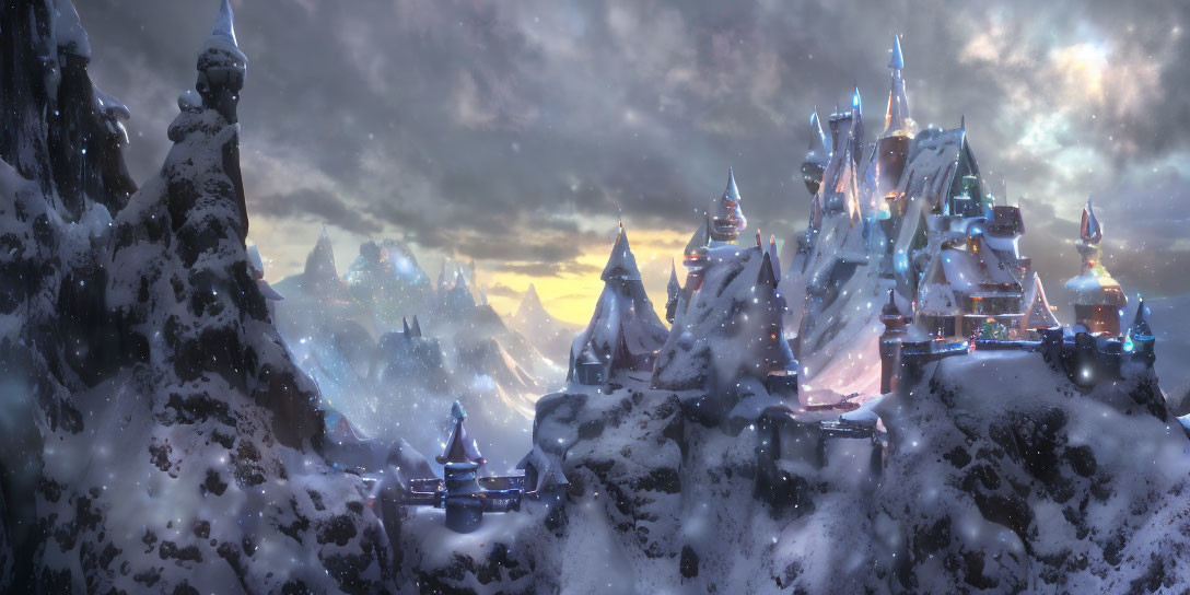 Snow-covered mountain peaks and illuminated castles in a panoramic fantasy landscape.