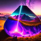 Surreal landscape in hourglass: mountain night scene to sunlit field under vibrant sky