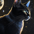 Majestic black cat digital artwork against starry space backdrop