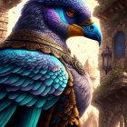 Majestic fantasy eagle in blue feathers and golden armor against ancient stone structures.