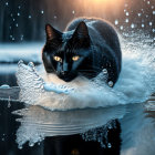 Black Cat with Yellow Eyes Crouching on Snowy Surface Near Water