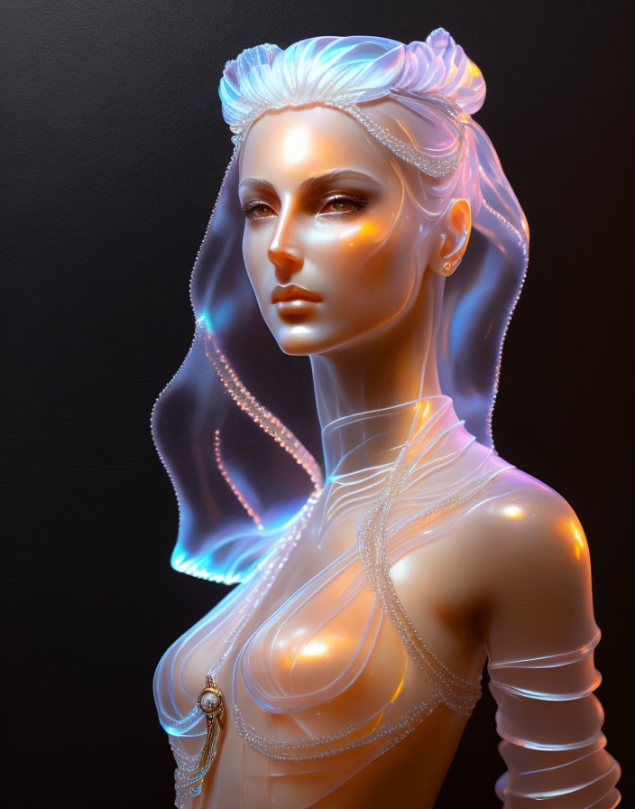 Ethereal Glow Mannequin with White Hair and Neon Outlines