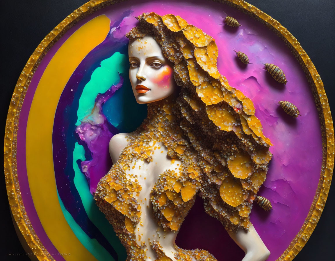 Vibrant artwork of woman with concentric circles and golden embellishments