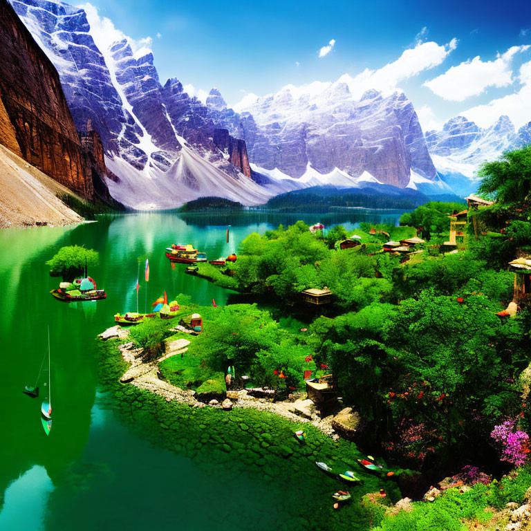 Vibrant turquoise lake with colorful boats in majestic mountain landscape