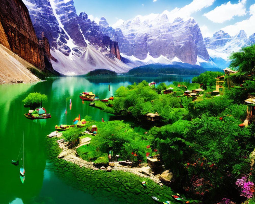 Vibrant turquoise lake with colorful boats in majestic mountain landscape