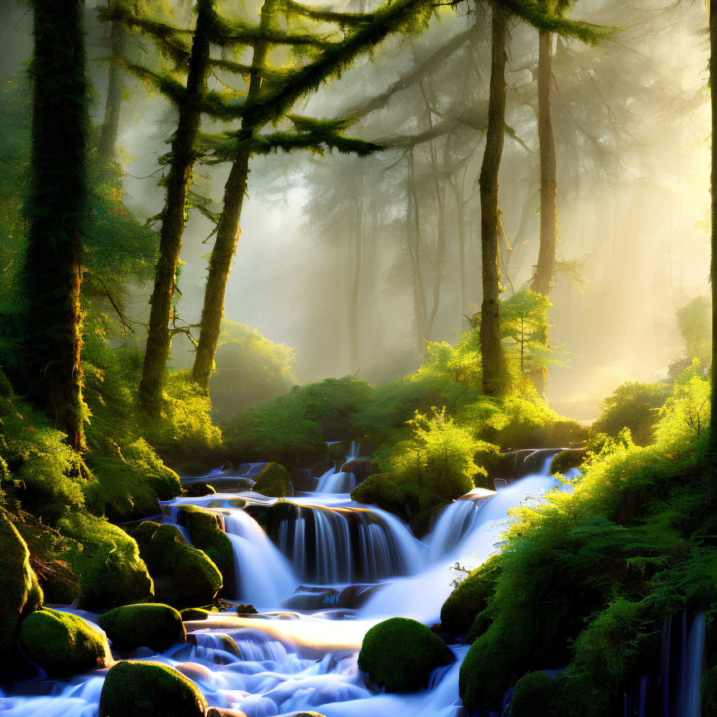 Misty forest waterfall with moss-covered rocks and lush trees