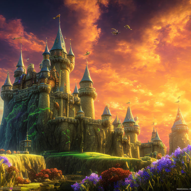 Majestic castle on cliff at sunset with lush flowers