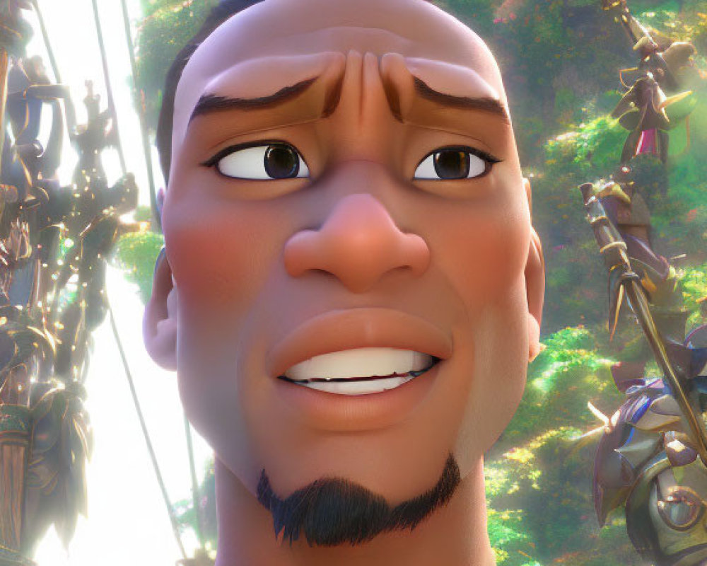 Male 3D animated character with mohawk and goatee in nature setting