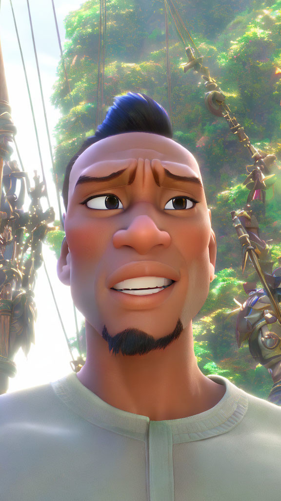 Male 3D animated character with mohawk and goatee in nature setting