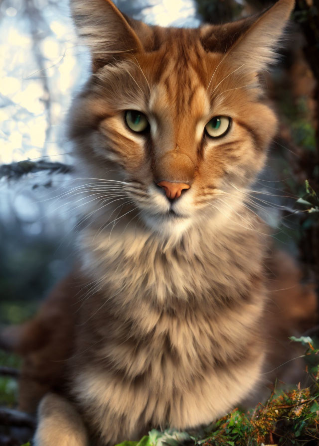 Majestic cat with green eyes and fluffy brown coat outdoors