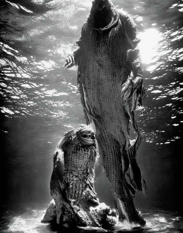 Black and white photo of man in textured monster costume with smaller creature in water