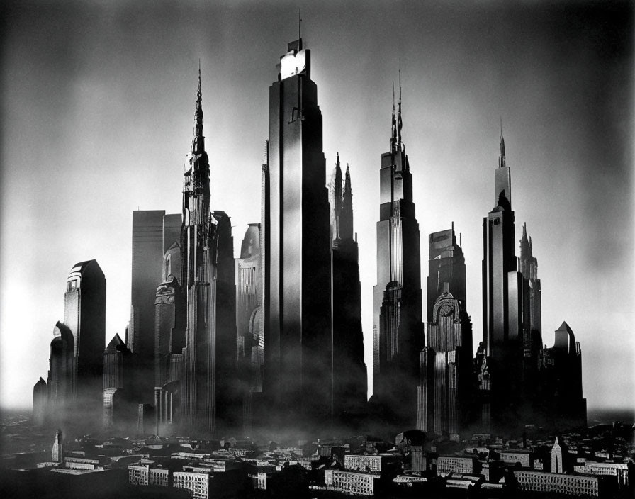 Monochrome city skyline with skyscrapers in misty atmosphere