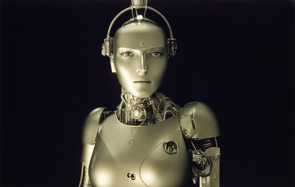 Android with humanoid face and exposed mechanical parts on black background