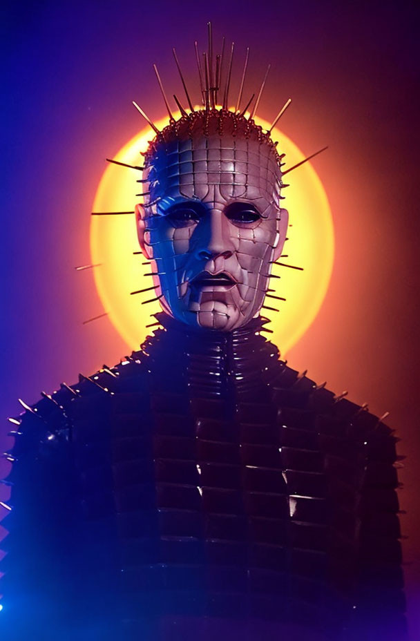 Spiky costumed figure against glowing backdrop.