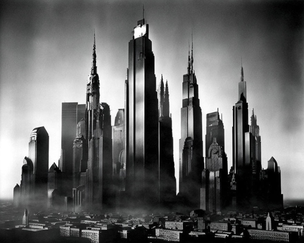 Monochrome city skyline with skyscrapers in misty atmosphere