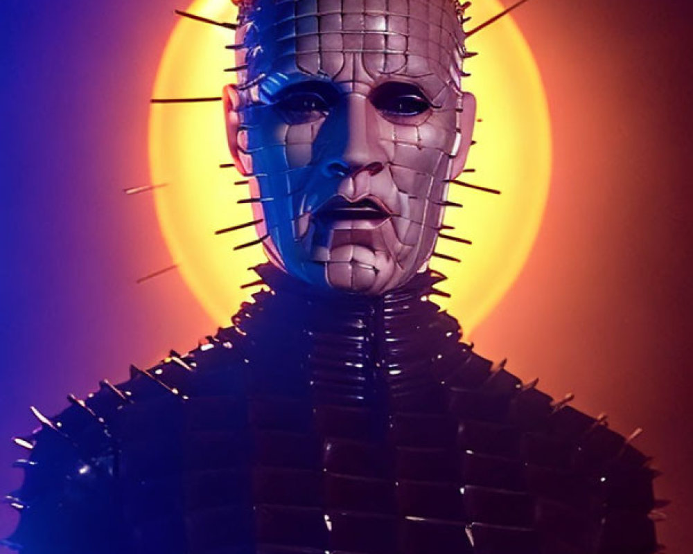 Spiky costumed figure against glowing backdrop.