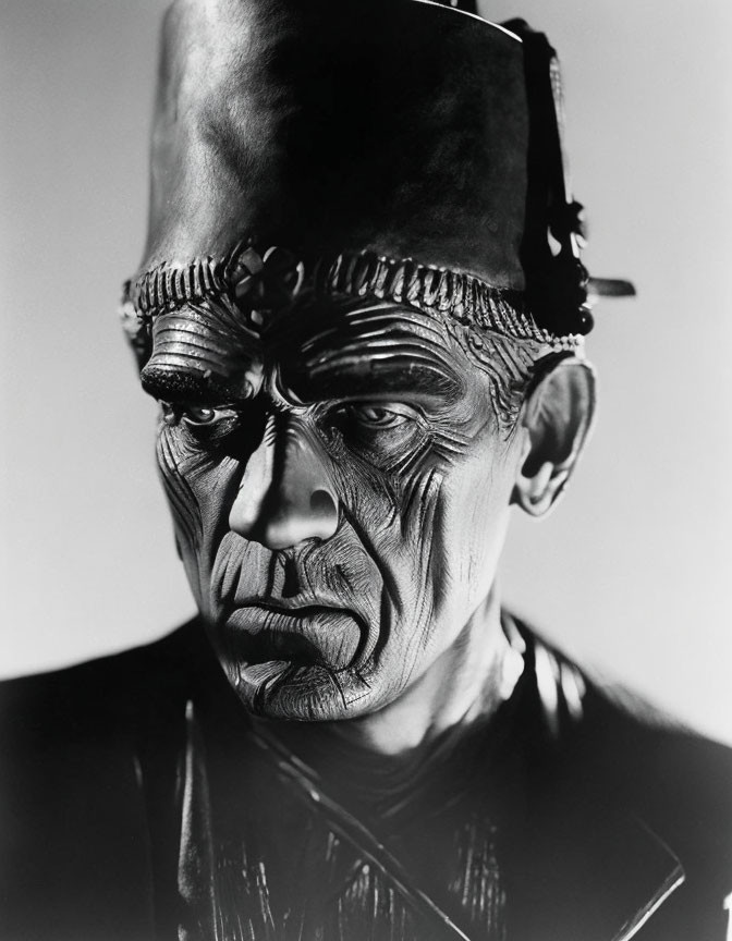 Monochrome portrait of person in dramatic Frankenstein's monster makeup