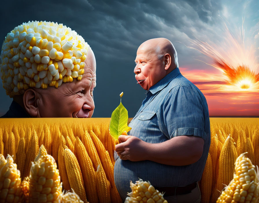 Men with Corn Cob Heads in Cornfield at Sunset