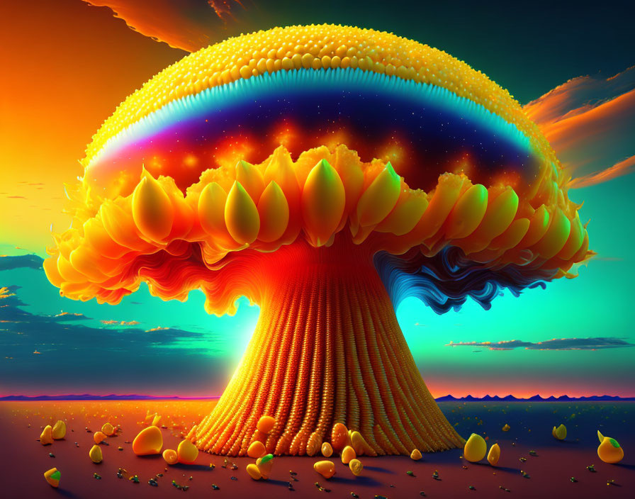 Colorful stylized mushroom cloud with cosmic twist and galaxy within.