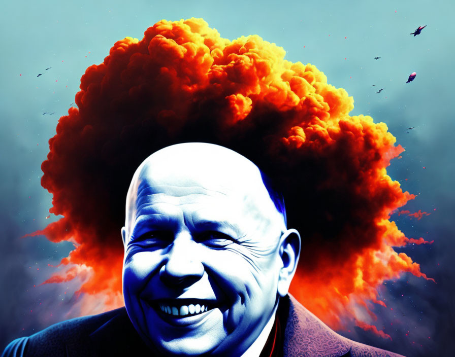 Smiling man with oversized head against fiery explosion background