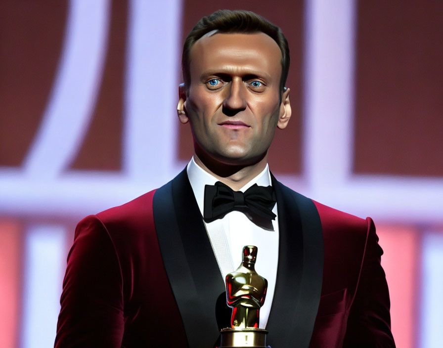 Man in black tuxedo with award on red background