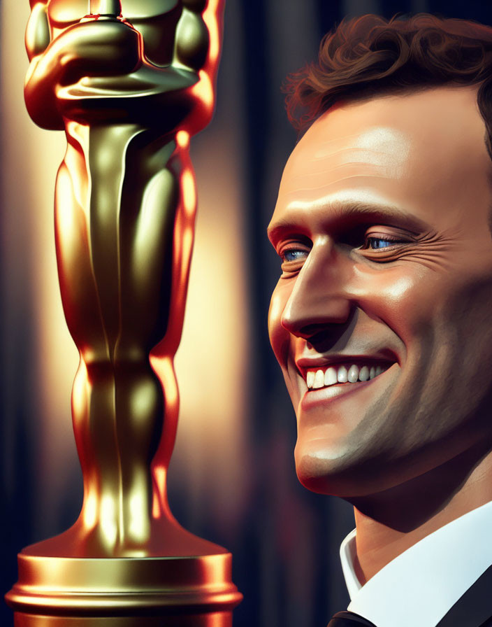 Smiling man in suit with golden trophy under dramatic lighting