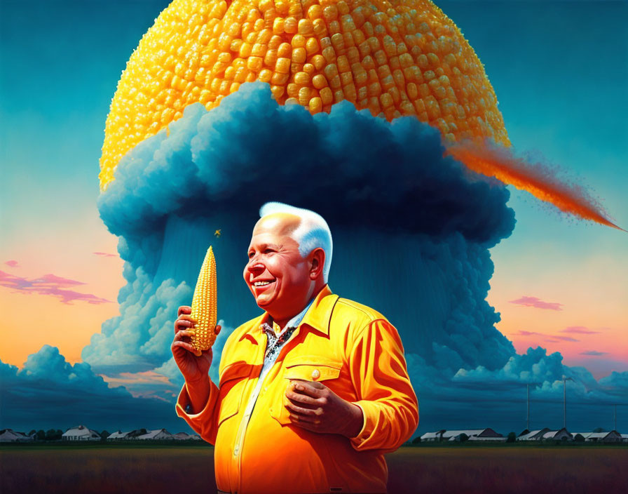 Man in yellow shirt holding corn with giant corn cob explosion in background