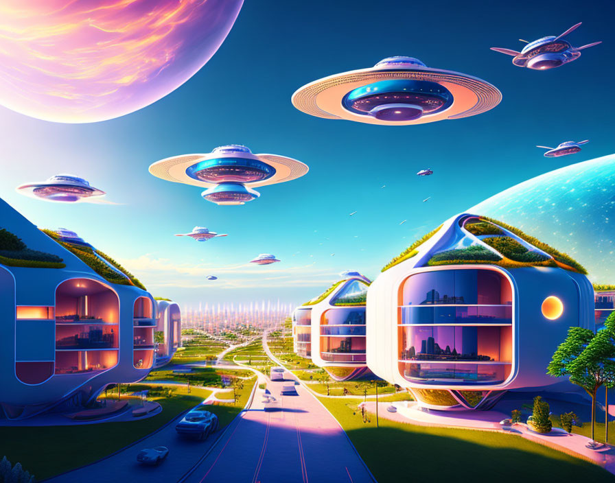 Futuristic cityscape with dome-like buildings, flying saucers, lush greenery, and