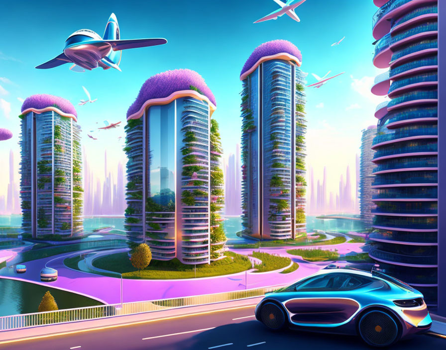 Futuristic cityscape with green skyscrapers, flying vehicles, and pink sky