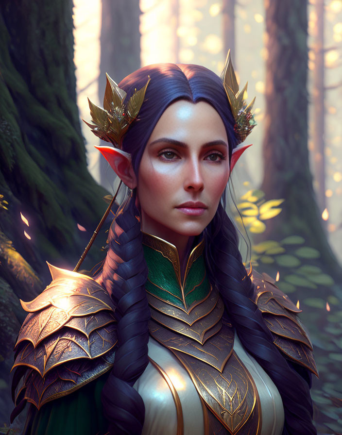 Elven character in golden leaf crown and armor in sunlit forest