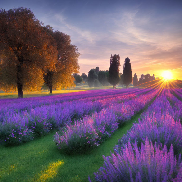 Vibrant lavender field at sunset with silhouetted trees