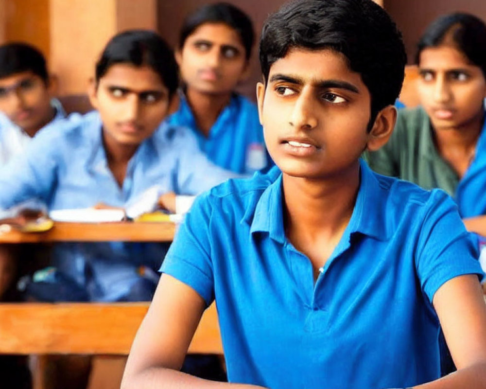 Students in Blue Uniforms Listening in Classroom Setting