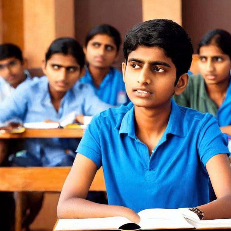 Students in Blue Uniforms Listening in Classroom Setting