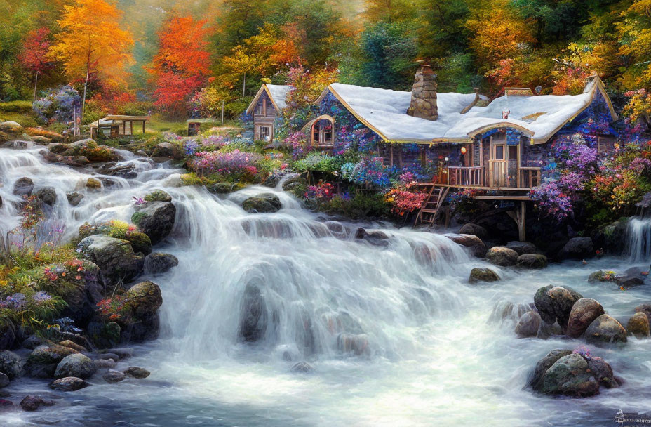 Charming cottage near cascading waterfall in autumn scenery