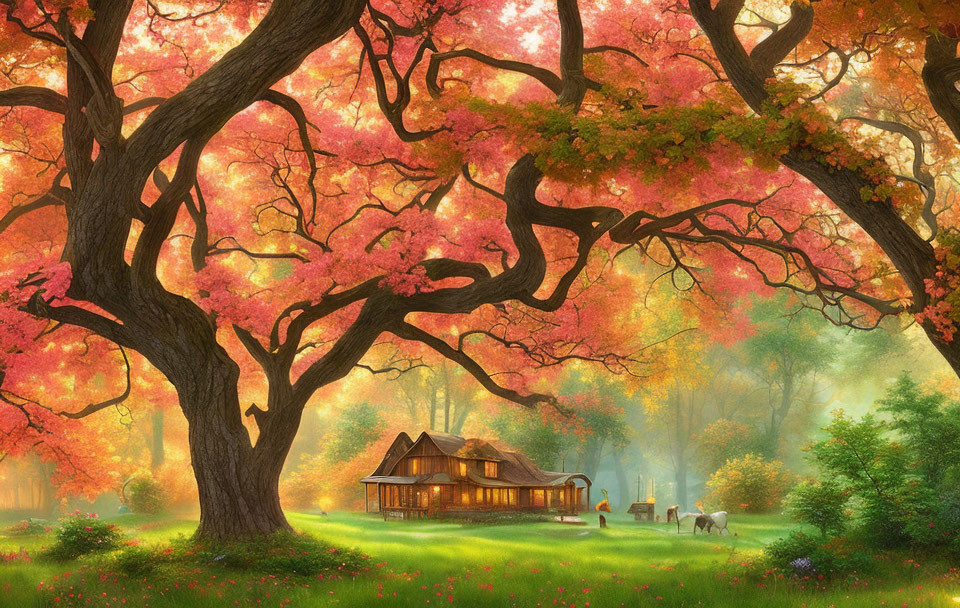 Tranquil autumn scene: wooden cabin, colorful trees, grazing horses