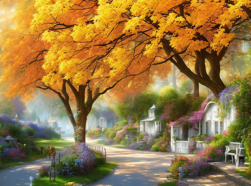 Autumn street scene with vibrant trees and cozy houses