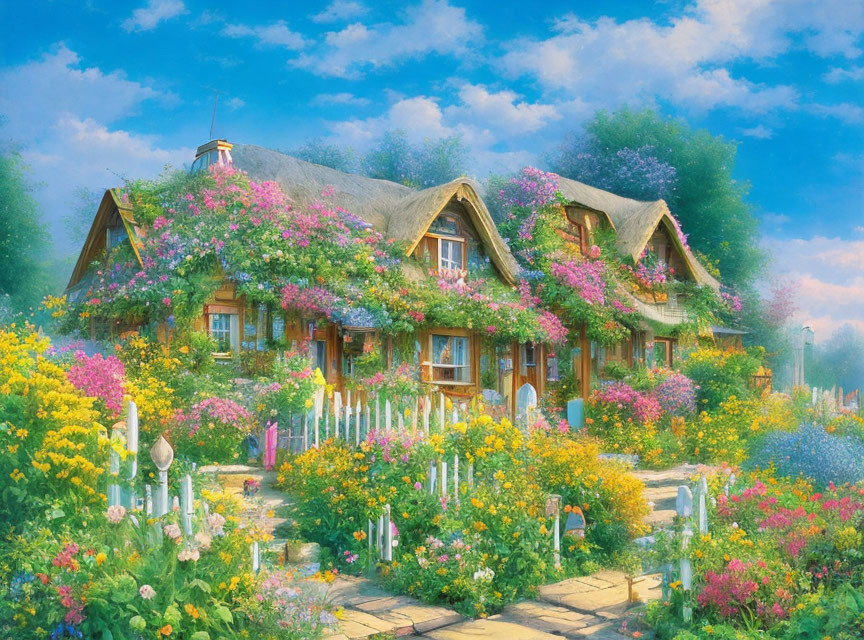 Thatched Cottage Surrounded by Colorful Garden