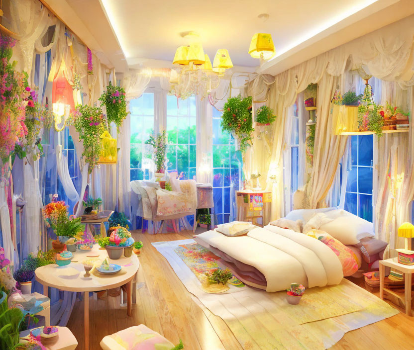 Brightly Lit Bedroom with Sitting Area and Plant Decor for a Cozy Ambiance