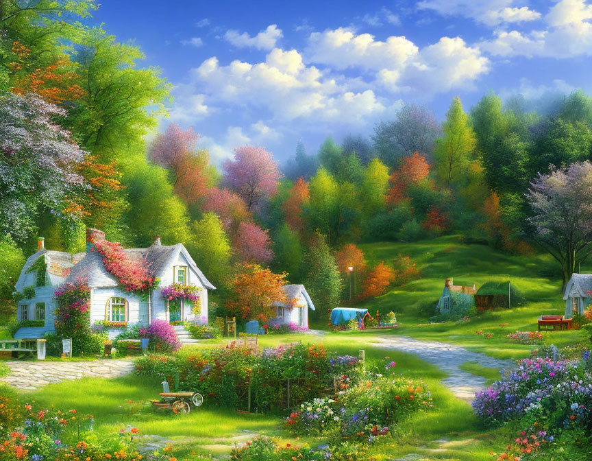 Colorful Cottage Houses in Idyllic Countryside Setting