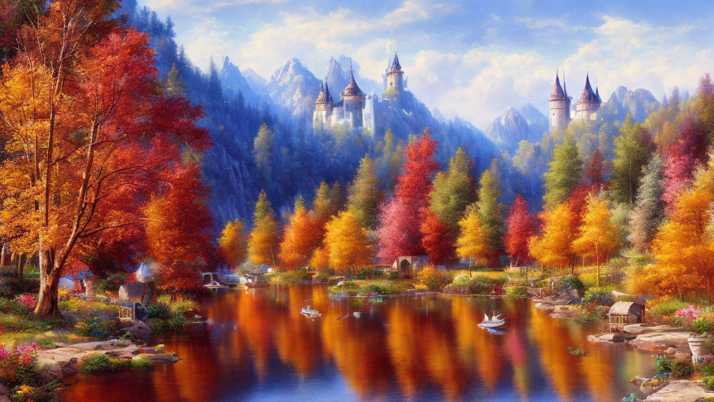 Tranquil autumn landscape with castles, mountains, and lake