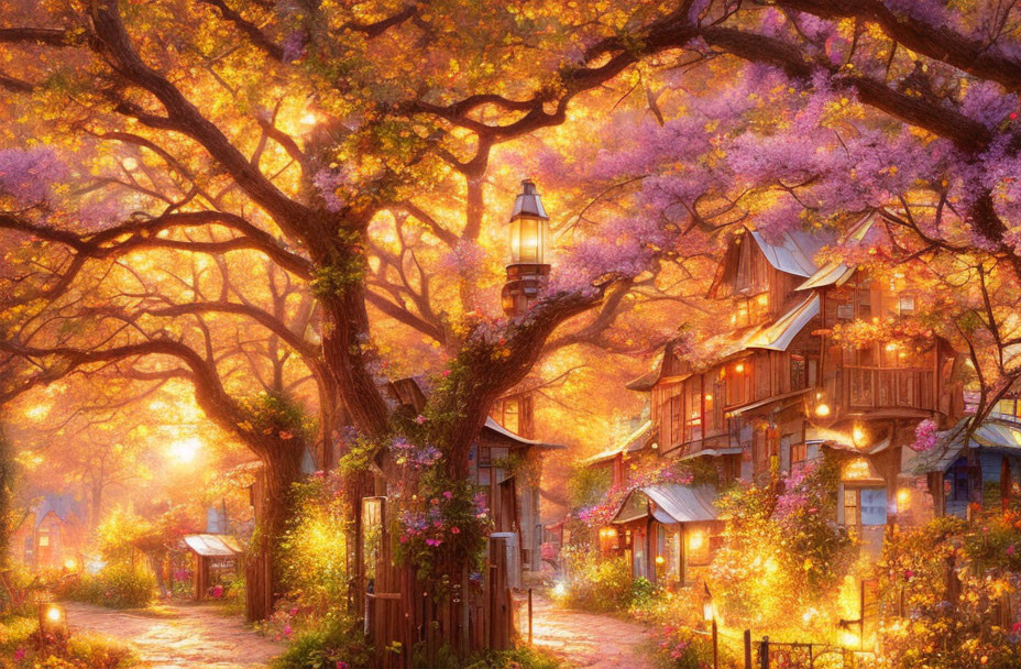 Enchanting twilight street with quaint houses and blooming trees