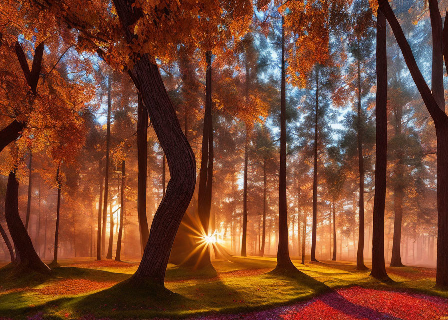 Vibrant autumn forest with sunburst and golden leaves