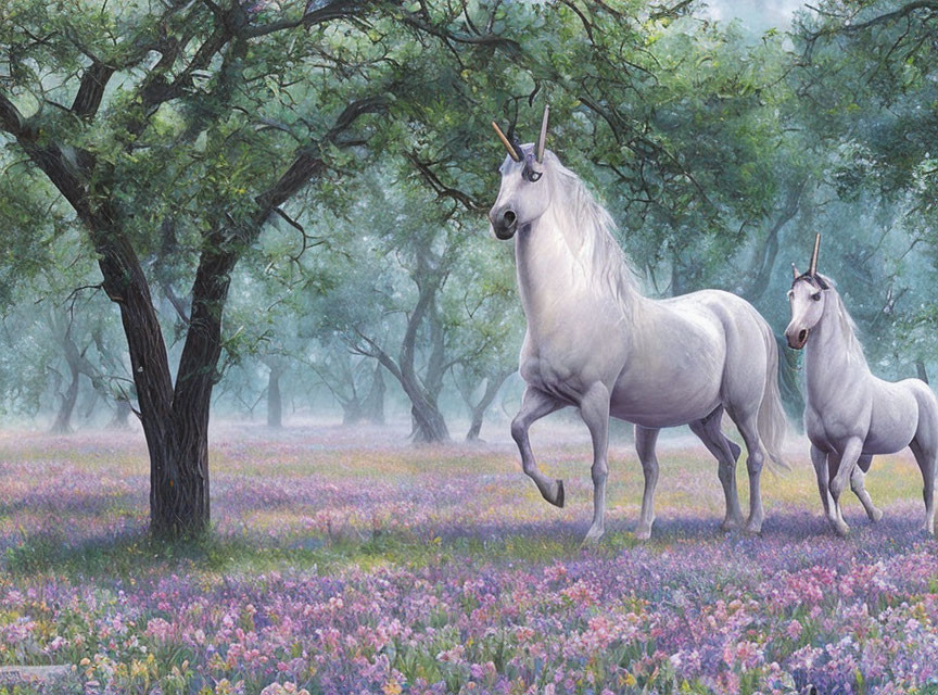 Majestic unicorns in enchanted forest with purple flowers