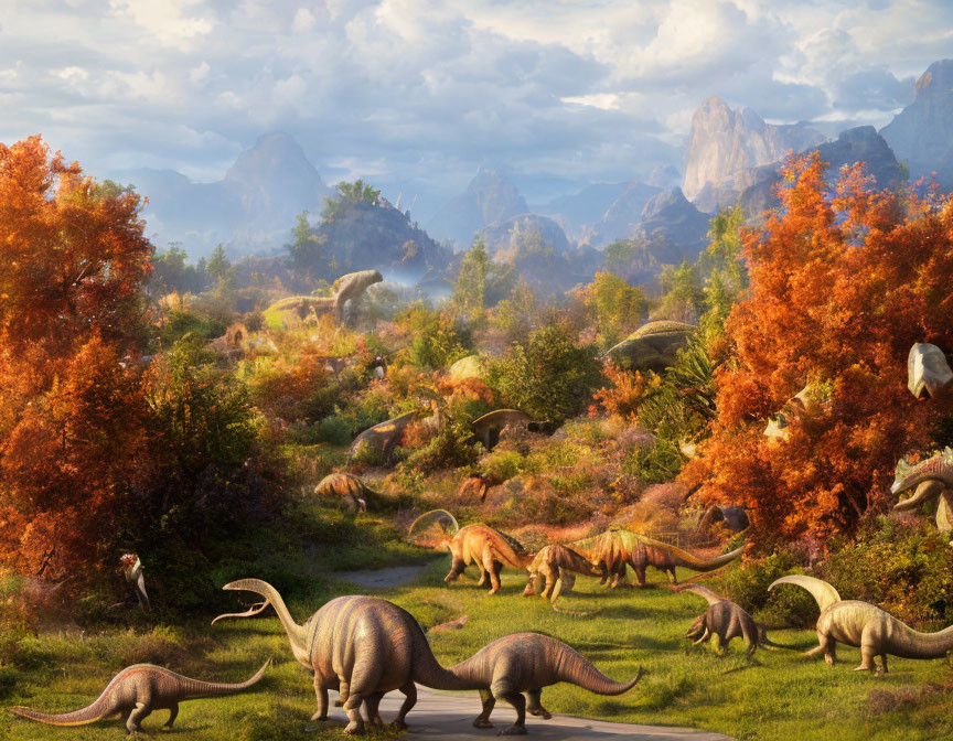 Prehistoric dinosaurs in autumn forest under warm sky