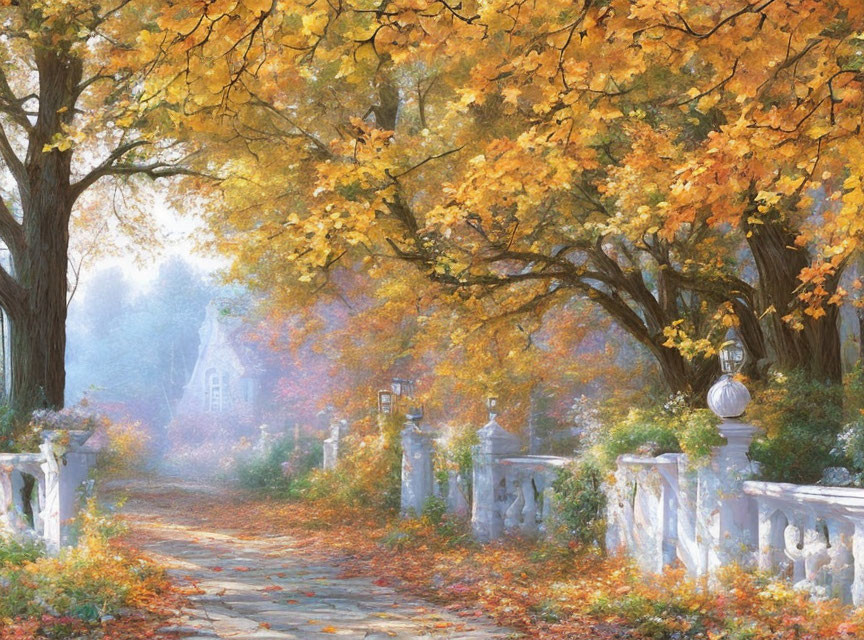 Tranquil autumn pathway with golden trees and lamp post