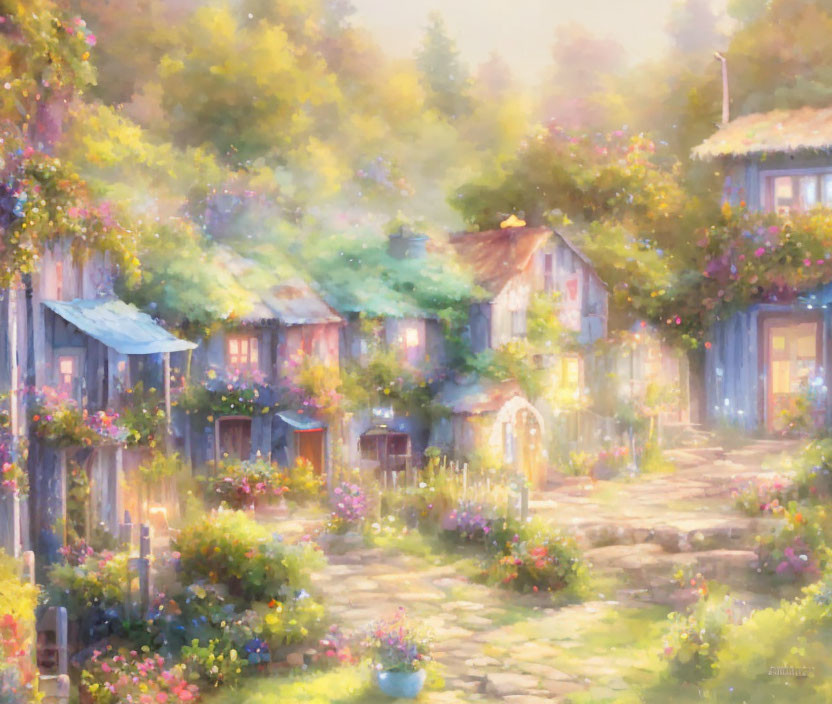 Pastel-toned painting of a quaint village with blossoming flowers